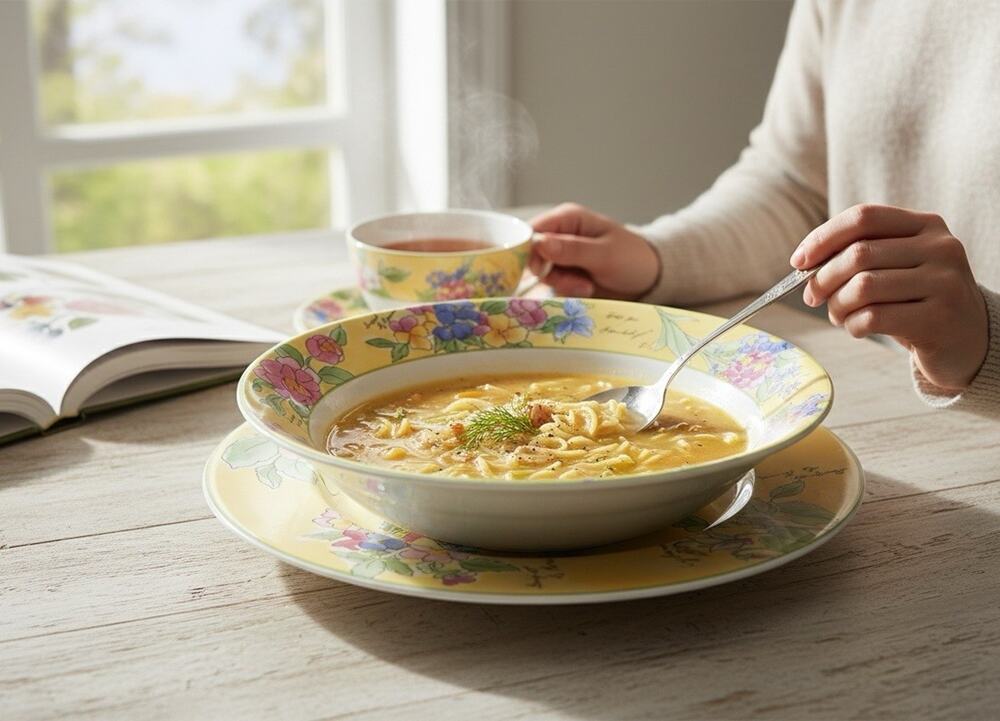 Furio Sakura Creme Brulee 8in Salad Plate 7.5in Soup Bowl Set by Sue Zipkin